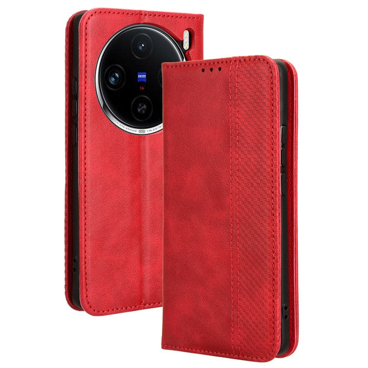 For vivo X100 Pro 5G Case Flip Wallet Retro Leather Flip Phone Cover Magnetic Closure - Red