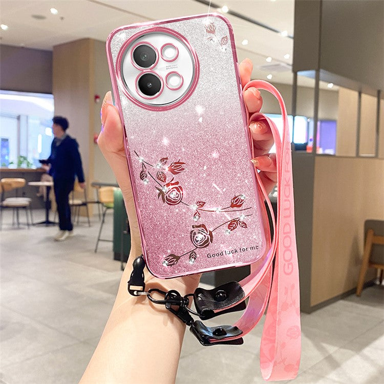 KADEM For vivo S18e 5G Case Flower TPU Cover with Lanyard Rhinestone Decor - Rose Gold