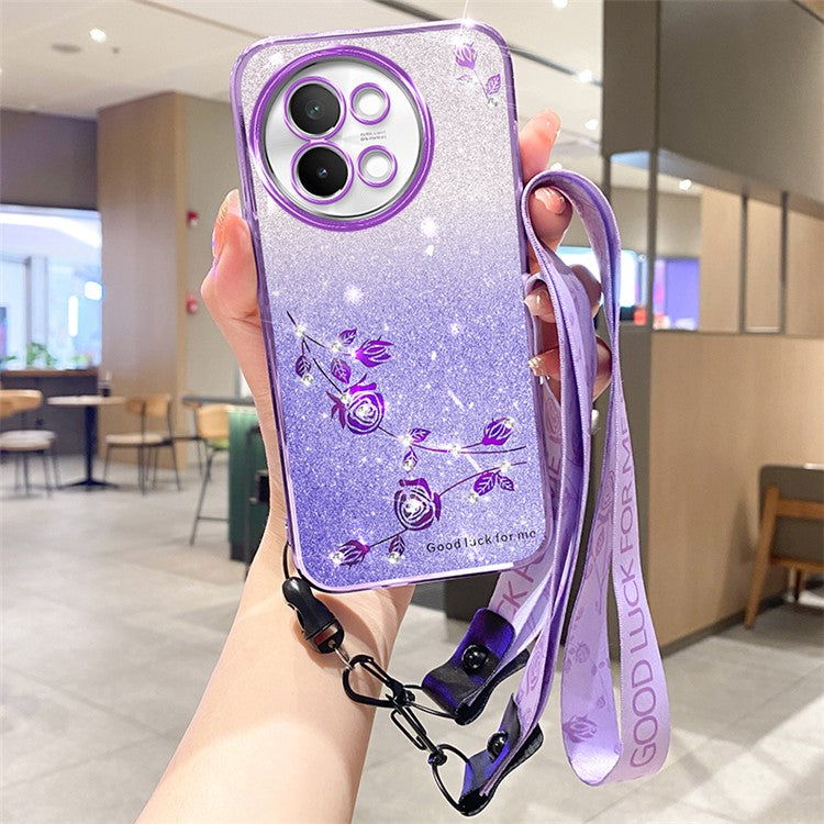 KADEM For vivo S18e 5G Case Flower TPU Cover with Lanyard Rhinestone Decor - Purple