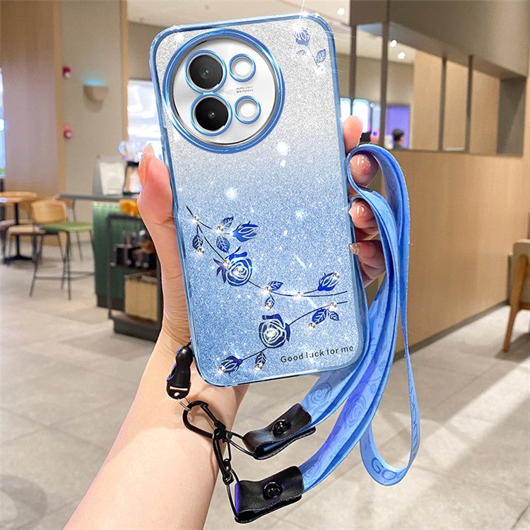 KADEM For vivo S18e 5G Case Flower TPU Cover with Lanyard Rhinestone Decor - Blue