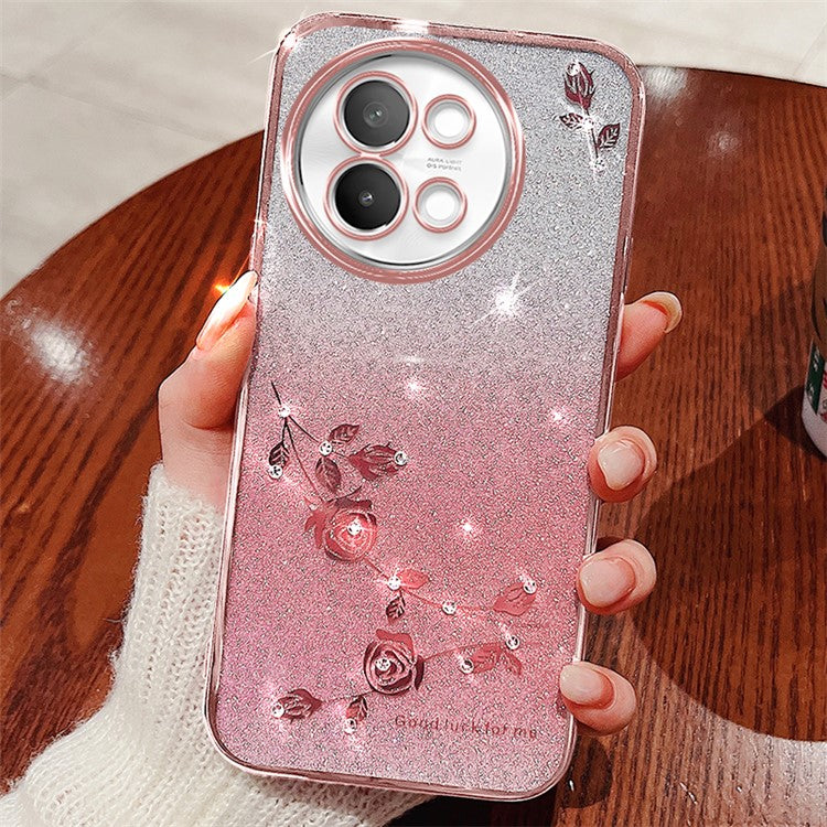 KADEM For vivo S18e 5G Case Scratch Proof Glitter TPU Phone Cover with Rhinestone Decor - Rose Gold