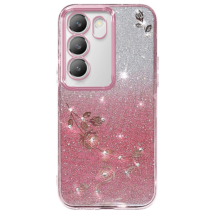 KADEM Flower Phone Cover for vivo V30 Lite 5G TPU Case with Lanyard Rhinestone Decor - Rose Gold