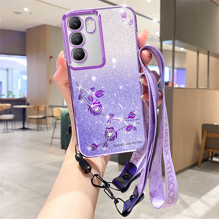 KADEM Flower Phone Cover for vivo V30 Lite 5G TPU Case with Lanyard Rhinestone Decor - Purple