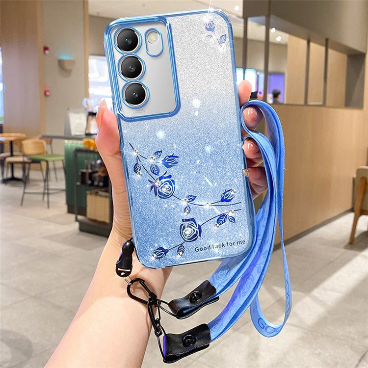 KADEM Flower Phone Cover for vivo V30 Lite 5G TPU Case with Lanyard Rhinestone Decor - Blue