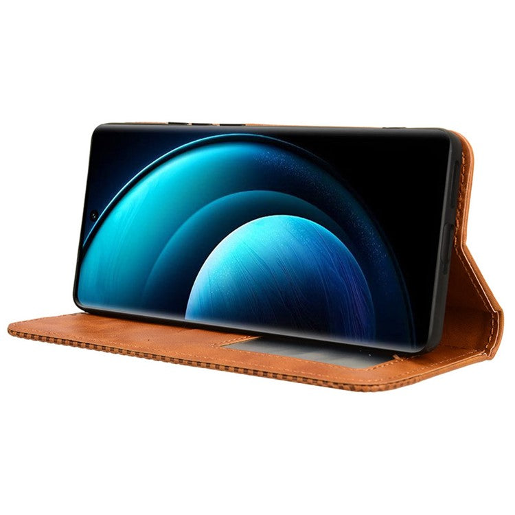 For vivo X100 5G Case PU Leather Stand Magnetic Closure Phone Retro Cover - Brown