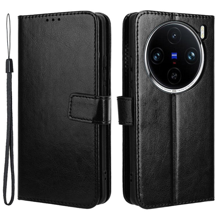 For vivo X100 5G Case Crazy Horse Texture Leather Phone Cover with Strap - Black