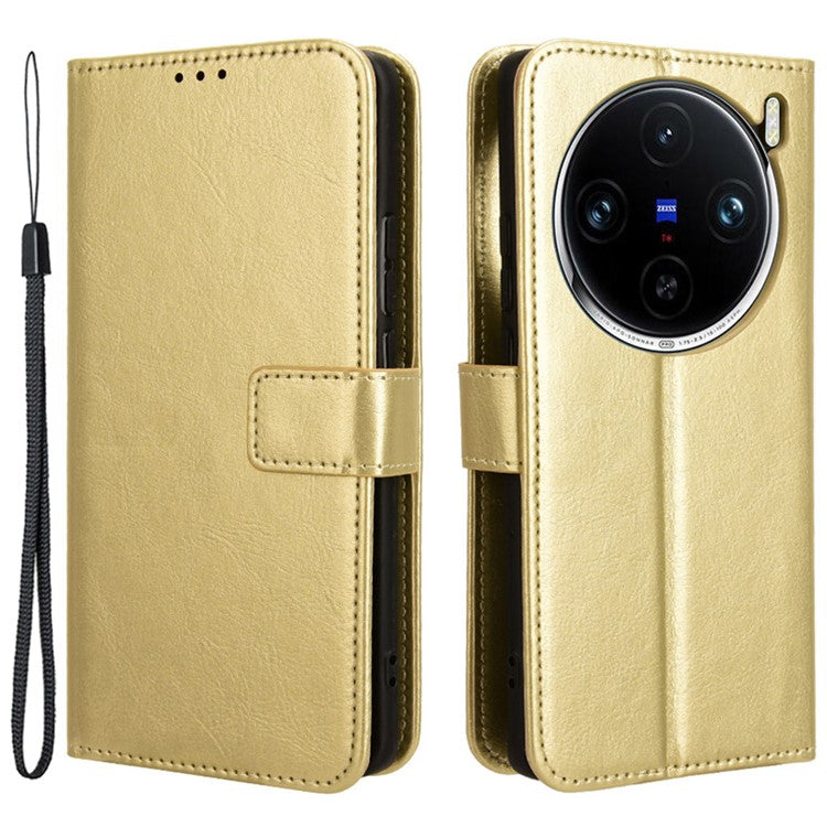 For vivo X100 5G Case Crazy Horse Texture Leather Phone Cover with Strap - Gold