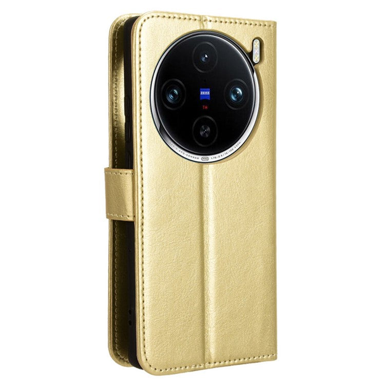 For vivo X100 5G Case Crazy Horse Texture Leather Phone Cover with Strap - Gold