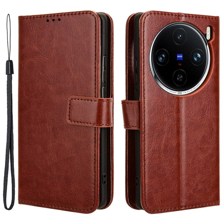 For vivo X100 5G Case Crazy Horse Texture Leather Phone Cover with Strap - Brown