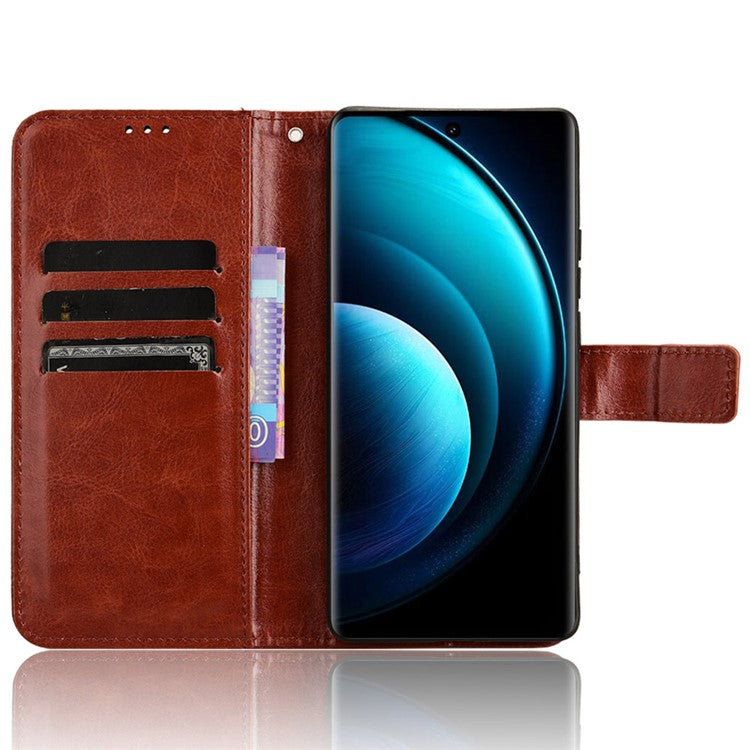 For vivo X100 5G Case Crazy Horse Texture Leather Phone Cover with Strap - Brown