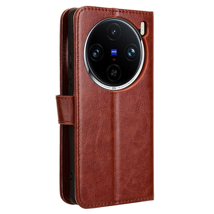 For vivo X100 5G Case Crazy Horse Texture Leather Phone Cover with Strap - Brown