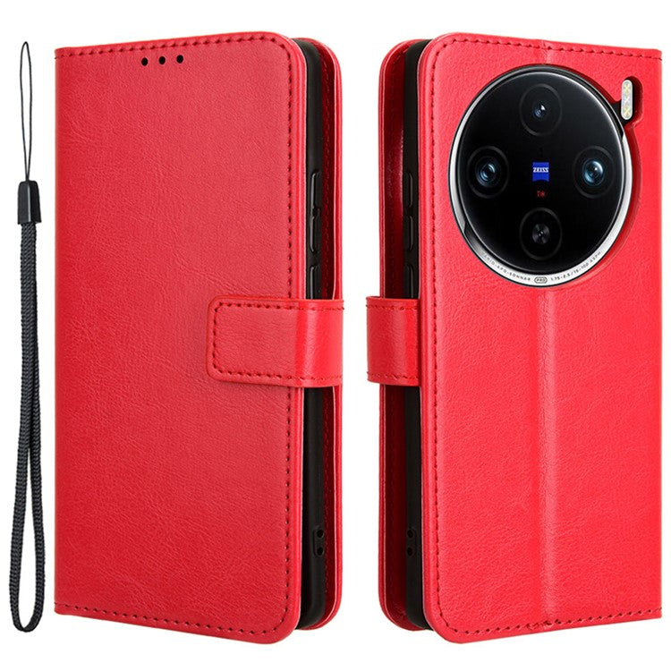 For vivo X100 5G Case Crazy Horse Texture Leather Phone Cover with Strap - Red