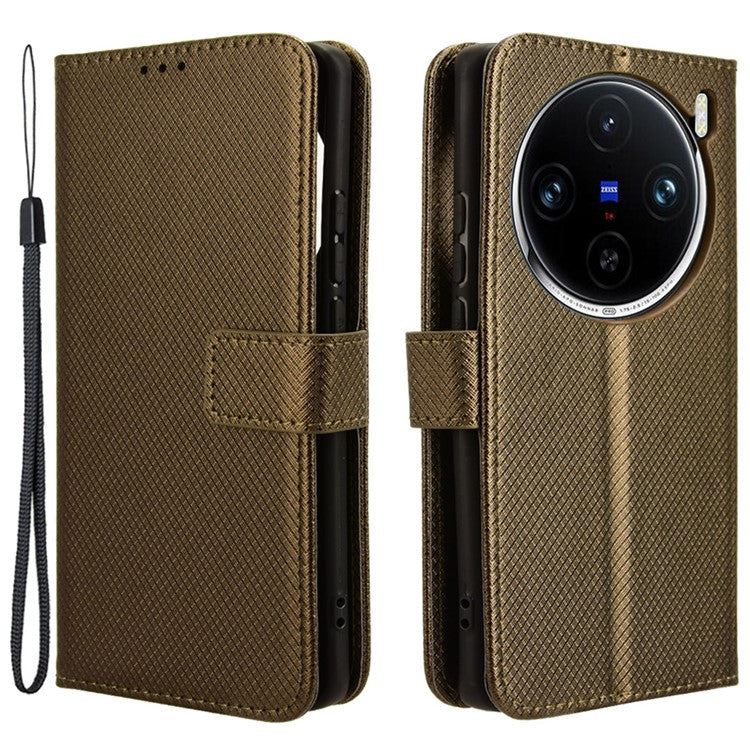 For vivo X100 5G Case Diamond Texture PU Leather+TPU Inner Shell Phone Cover - Brown