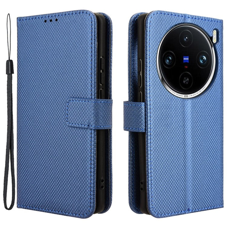 For vivo X100 5G Case Diamond Texture PU Leather+TPU Inner Shell Phone Cover - Blue