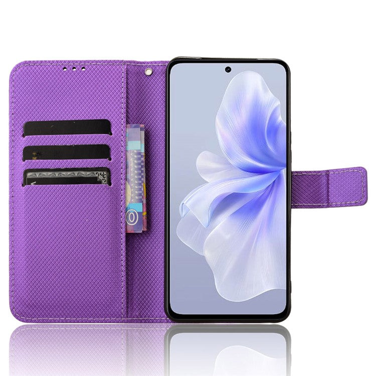 For vivo S18e 5G Wallet Case Diamond Texture PU Leather Flip Phone Cover with Card Holder - Purple