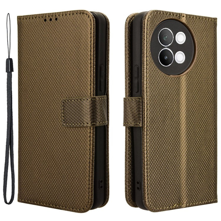 For vivo S18e 5G Wallet Case Diamond Texture PU Leather Flip Phone Cover with Card Holder - Brown