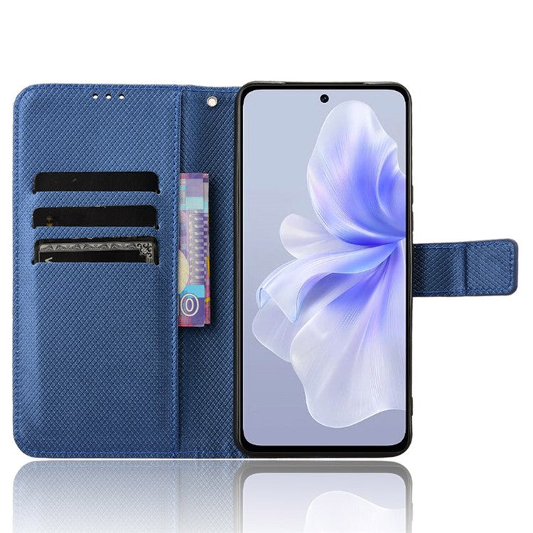 For vivo S18e 5G Wallet Case Diamond Texture PU Leather Flip Phone Cover with Card Holder - Blue