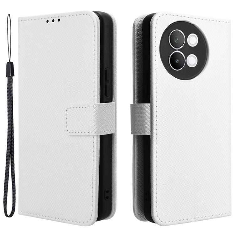 For vivo S18e 5G Wallet Case Diamond Texture PU Leather Flip Phone Cover with Card Holder - White