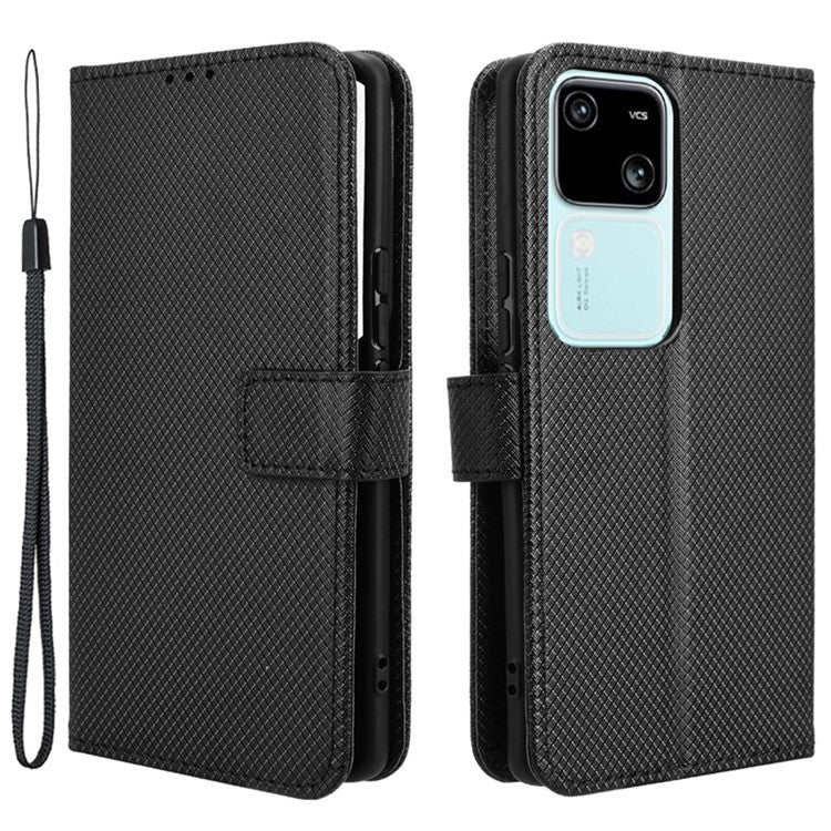 For vivo S18 5G / S18 Pro 5G / V30 5G / V30 Pro 5G Case PU Leather Stand Wrist Strap Diamond Texture Phone Cover - Black