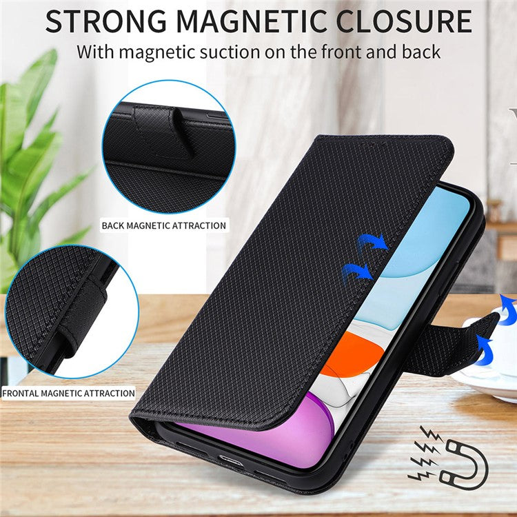 For vivo S18 5G / S18 Pro 5G / V30 5G / V30 Pro 5G Case PU Leather Stand Wrist Strap Diamond Texture Phone Cover - Black