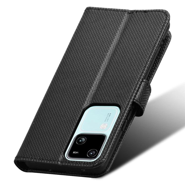 For vivo S18 5G / S18 Pro 5G / V30 5G / V30 Pro 5G Case PU Leather Stand Wrist Strap Diamond Texture Phone Cover - Black