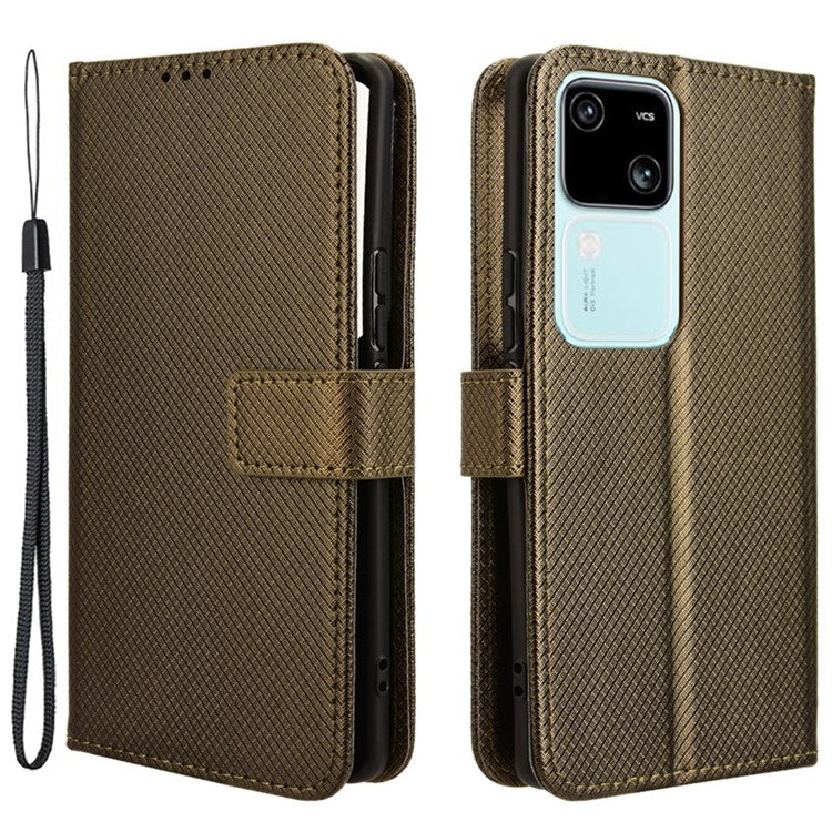 For vivo S18 5G / S18 Pro 5G / V30 5G / V30 Pro 5G Case PU Leather Stand Wrist Strap Diamond Texture Phone Cover - Brown