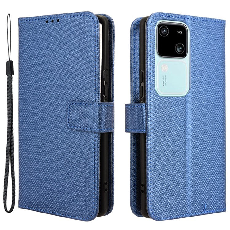 For vivo S18 5G / S18 Pro 5G / V30 5G / V30 Pro 5G Case PU Leather Stand Wrist Strap Diamond Texture Phone Cover - Blue