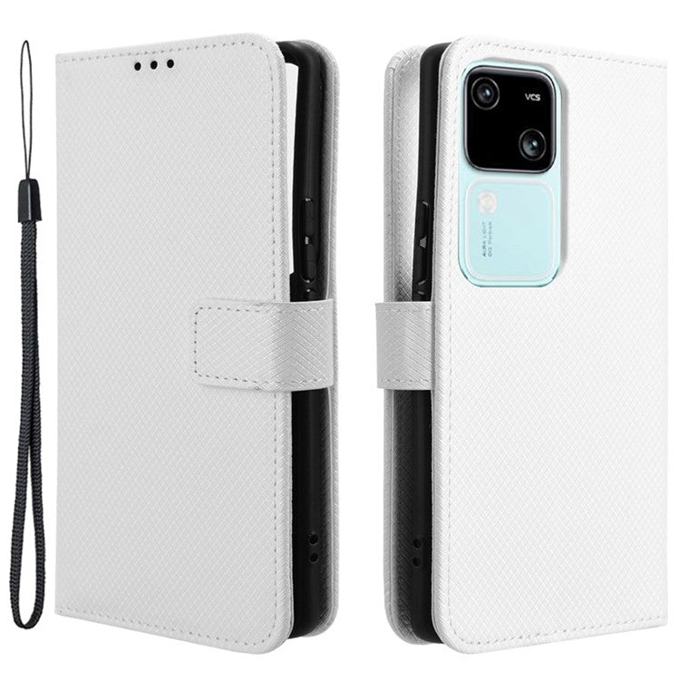 For vivo S18 5G / S18 Pro 5G / V30 5G / V30 Pro 5G Case PU Leather Stand Wrist Strap Diamond Texture Phone Cover - White