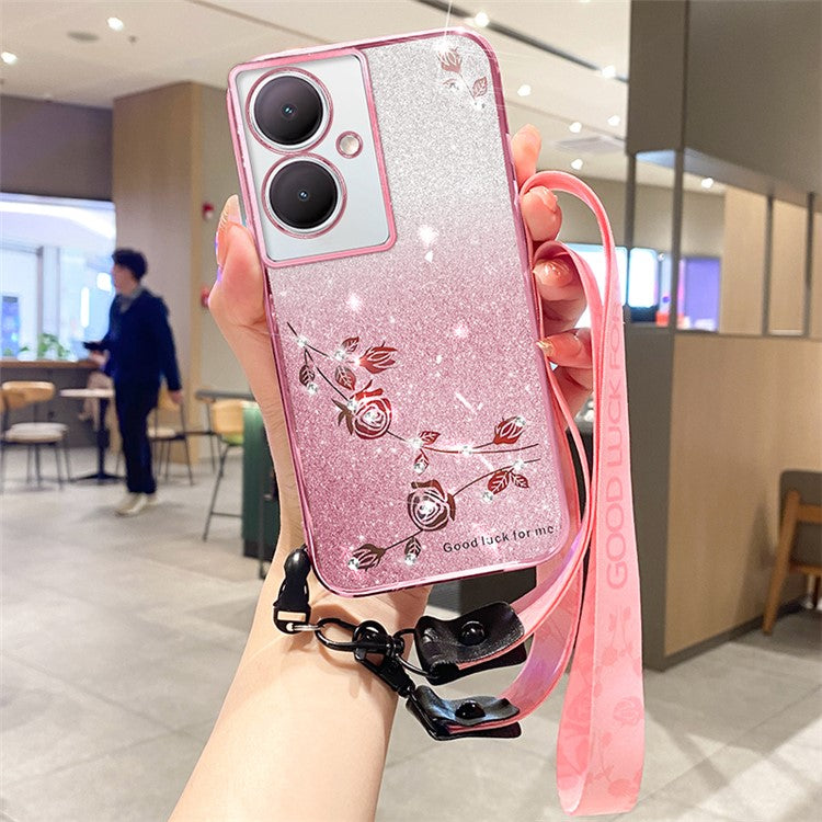 KADEM For vivo Y78 5G / Y78+ 5G / V29 Lite 5G Case Sparkle Flower TPU Phone  Cover with Lanyard - Rose Gold