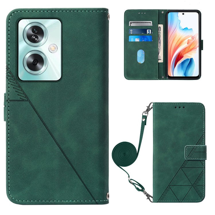 YB Imprinting Series-2 for Oppo A79 5G / A2 5G Case with Crossbody Shoulder Strap Stand Leather Phone Cover - Blackish Green