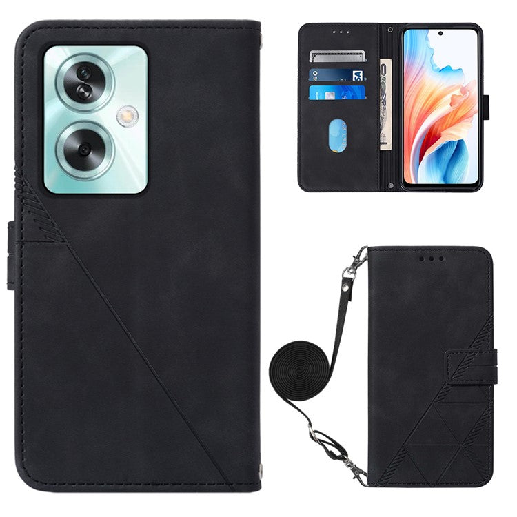 YB Imprinting Series-2 for Oppo A79 5G / A2 5G Case with Crossbody Shoulder Strap Stand Leather Phone Cover - Black