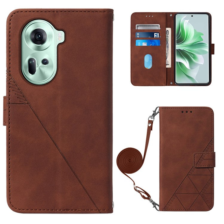 YB Imprinting Series-2 for Oppo Reno11 5G (Global) Flip Case Imprinted Leather Phone Cover with Shoulder Strap - Brown