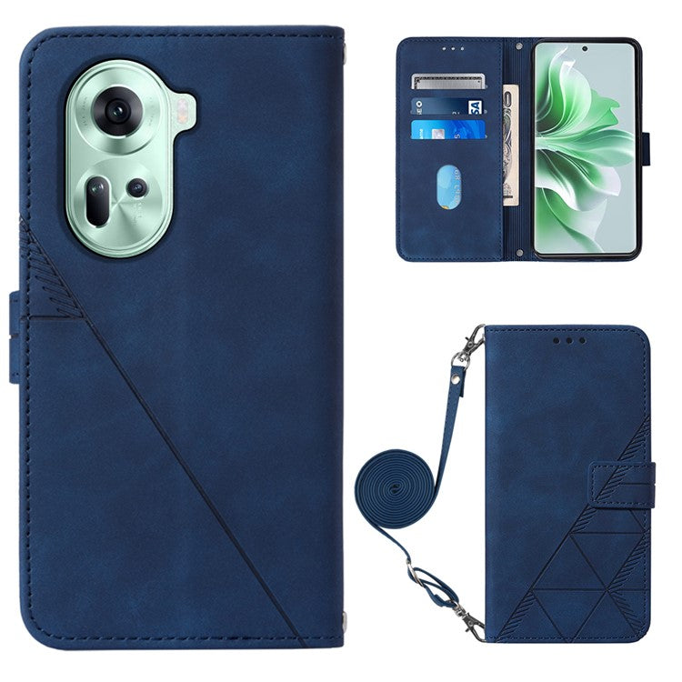 YB Imprinting Series-2 for Oppo Reno11 5G (Global) Flip Case Imprinted Leather Phone Cover with Shoulder Strap - Sapphire