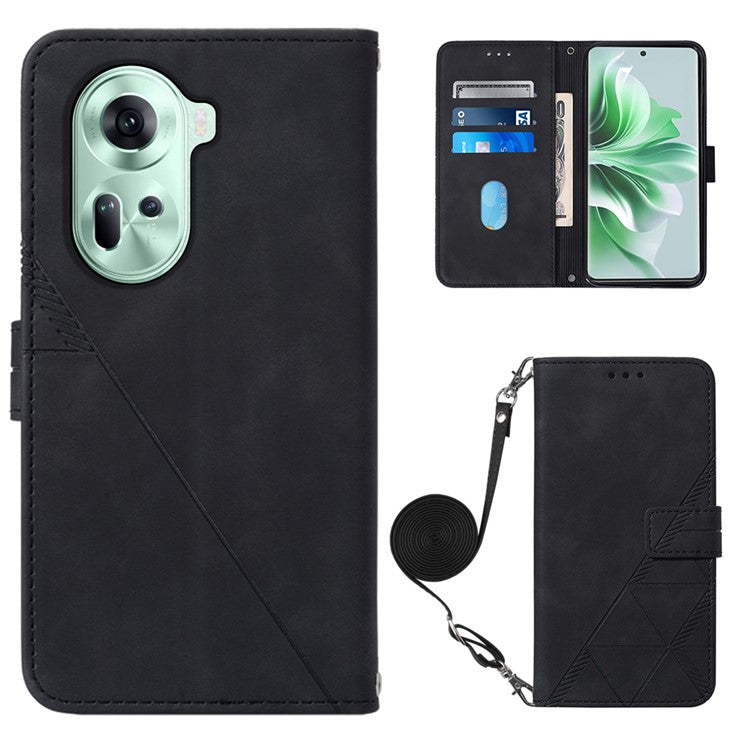 YB Imprinting Series-2 for Oppo Reno11 5G (Global) Flip Case Imprinted Leather Phone Cover with Shoulder Strap - Black