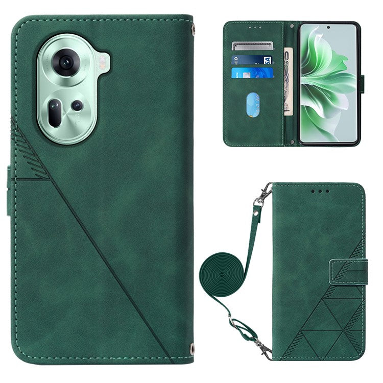 YB Imprinting Series-2 for Oppo Reno11 5G (Global) Flip Case Imprinted Leather Phone Cover with Shoulder Strap - Blackish Green