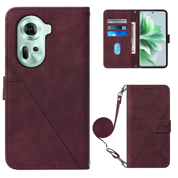 YB Imprinting Series-2 for Oppo Reno11 5G (Global) Flip Case Imprinted Leather Phone Cover with Shoulder Strap - Wine Red