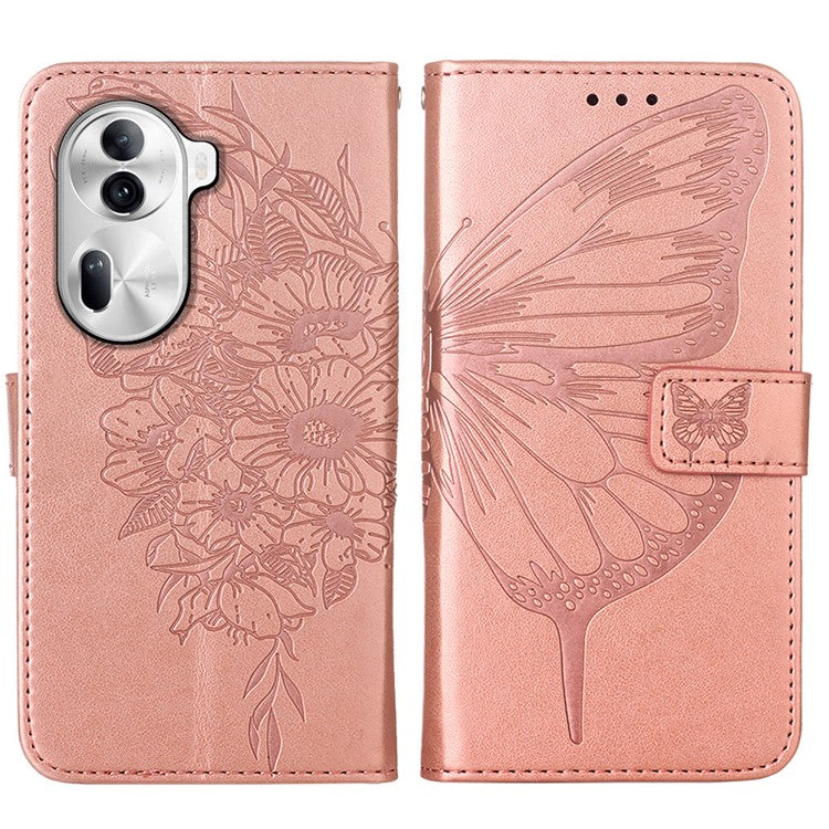 YB Imprinting Series-4 For Oppo Reno11 Pro 5G (Global) Phone Case Floral Butterfly Leather Cover with Hand Strap - Rose Gold