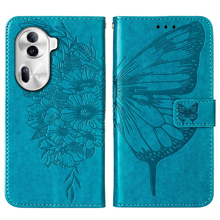 YB Imprinting Series-4 For Oppo Reno11 Pro 5G (Global) Phone Case Floral Butterfly Leather Cover with Hand Strap - Blue