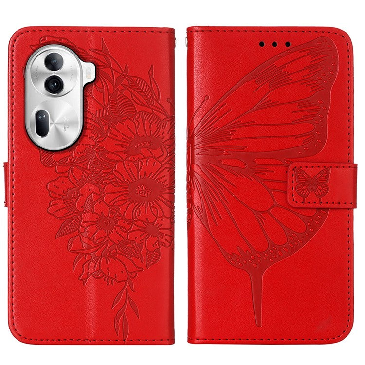 YB Imprinting Series-4 For Oppo Reno11 Pro 5G (Global) Phone Case Floral Butterfly Leather Cover with Hand Strap - Red