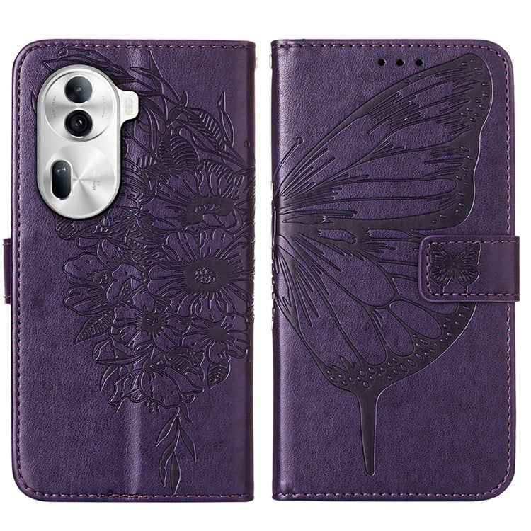 YB Imprinting Series-4 For Oppo Reno11 Pro 5G (Global) Phone Case Floral Butterfly Leather Cover with Hand Strap - Dark Purple