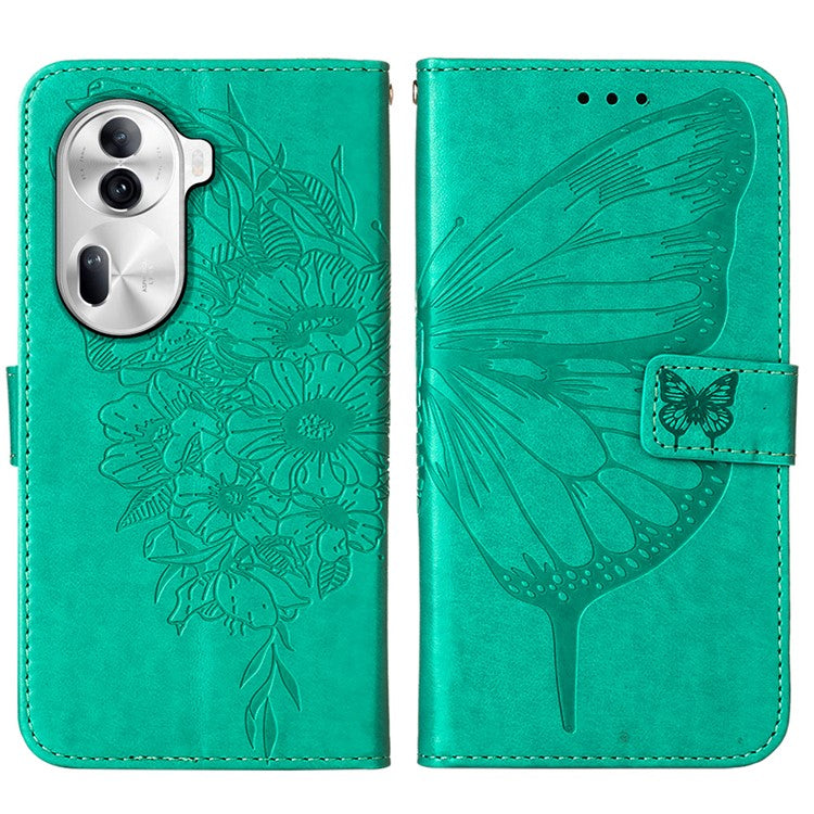 YB Imprinting Series-4 For Oppo Reno11 Pro 5G (Global) Phone Case Floral Butterfly Leather Cover with Hand Strap - Green