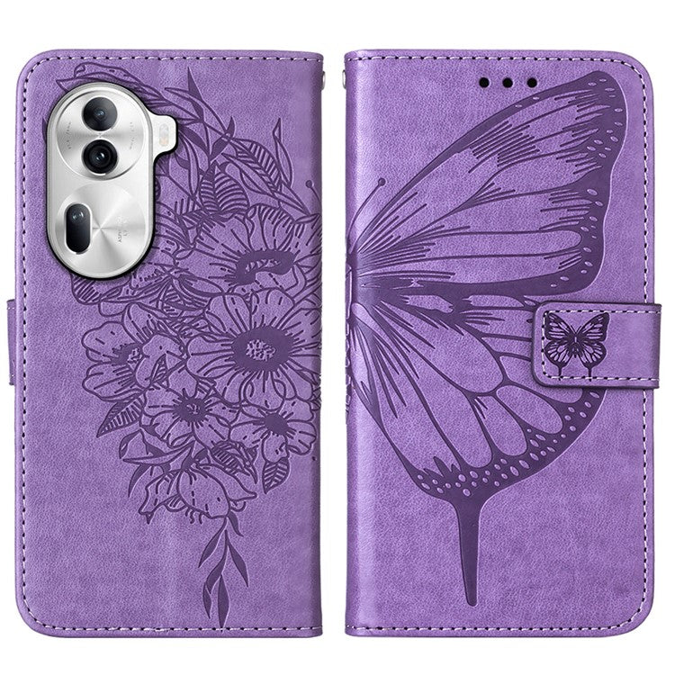 YB Imprinting Series-4 For Oppo Reno11 Pro 5G (Global) Phone Case Floral Butterfly Leather Cover with Hand Strap - Purple