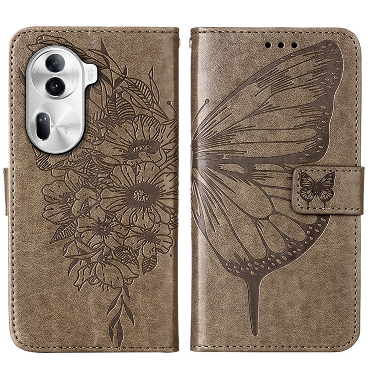 YB Imprinting Series-4 For Oppo Reno11 Pro 5G (Global) Phone Case Floral Butterfly Leather Cover with Hand Strap - Grey