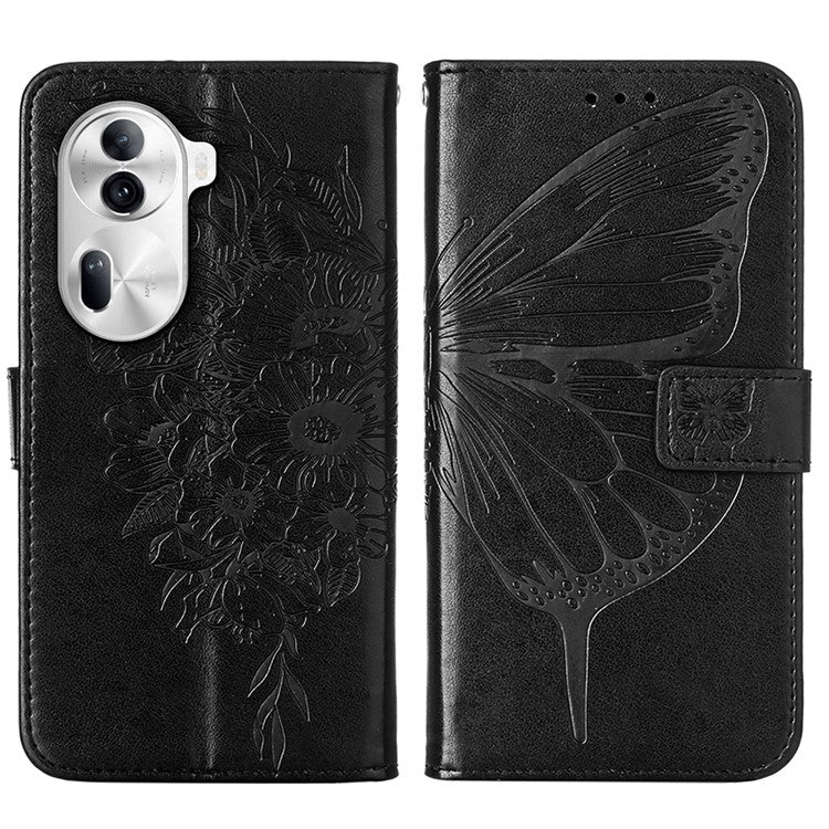 YB Imprinting Series-4 For Oppo Reno11 Pro 5G (Global) Phone Case Floral Butterfly Leather Cover with Hand Strap - Black