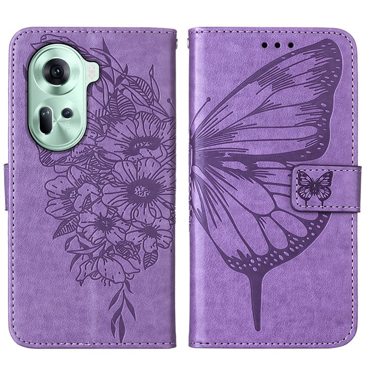 YB Imprinting Series-4 For Oppo Reno11 5G (Global) Case Leather+TPU Mobile Phone Cover with Butterfly Pattern - Purple