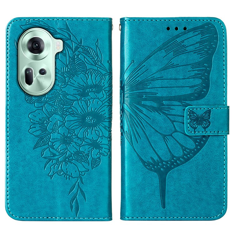 YB Imprinting Series-4 For Oppo Reno11 5G (Global) Case Leather+TPU Mobile Phone Cover with Butterfly Pattern - Blue