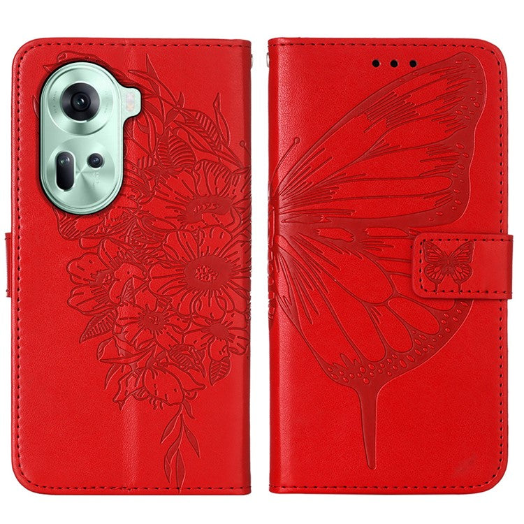 YB Imprinting Series-4 For Oppo Reno11 5G (Global) Case Leather+TPU Mobile Phone Cover with Butterfly Pattern - Red