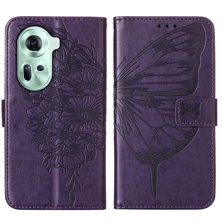 YB Imprinting Series-4 For Oppo Reno11 5G (Global) Case Leather+TPU Mobile Phone Cover with Butterfly Pattern - Dark Purple