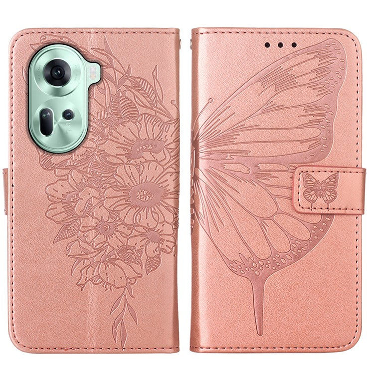 YB Imprinting Series-4 For Oppo Reno11 5G (Global) Case Leather+TPU Mobile Phone Cover with Butterfly Pattern - Rose Gold