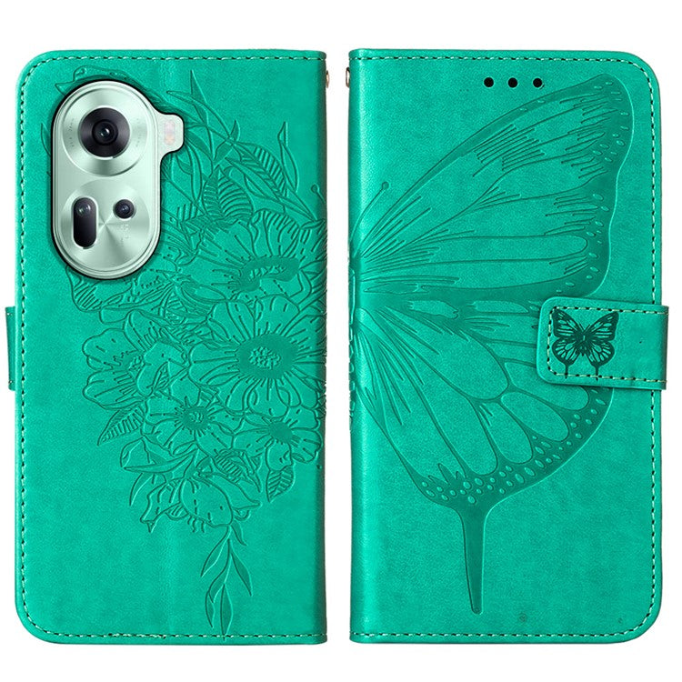 YB Imprinting Series-4 For Oppo Reno11 5G (Global) Case Leather+TPU Mobile Phone Cover with Butterfly Pattern - Green